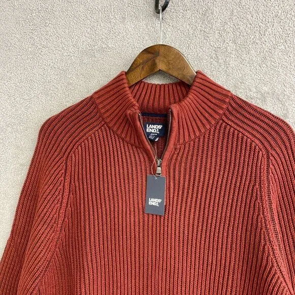 NEW Lands' End Men's M Drifter Half-Zip Sweater Ribbed Rust Red Cotton - Picture 9 of 10